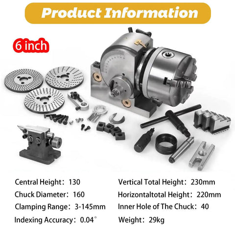 Heavy Duty Cast Iron Indexing Dividing Head With 3 Jaw Chuck And Spiral Tailstock showcasing 6-inch size with various accessories.