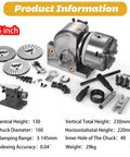 Top Shelf Six Inch Cast Iron Dividing Head Set With Three Jaw Chuck Precision Rotary Index Plates Tailstock For Cnc Milling Woodworking Workflows No Sweat Calibration components displayed with measurements.