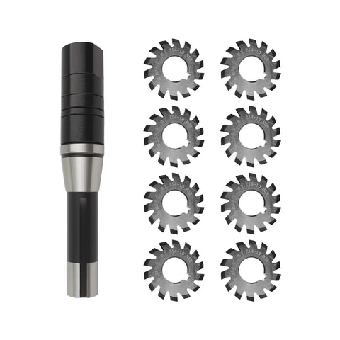 7/16 Inch R8 Shank Milling Arbor And Gear Cutter Holder With 22mm Bore Includes Nos 1 Through 8 Involute Gear Cutters DP16 PA14