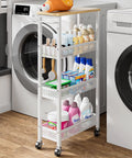 Slim Rolling Storage Cart, 4 Tier Mobile Organizer With Wood Top And Handle in laundry room with detergent on shelves