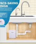 Straight Up Clean Drinking Water With This Slim Tankless Under Counter Filter System Using 5 Stage Filtration To Knock Out Chlorine And Funky Tastes Comes Ready With Chrome Faucet installed under sink with visible pipes and space-saving design.