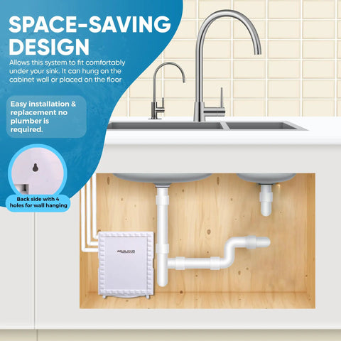 Straight Up Clean Drinking Water With This Slim Tankless Under Counter Filter System Using 5 Stage Filtration To Knock Out Chlorine And Funky Tastes Comes Ready With Chrome Faucet installed under sink with visible pipes and space-saving design.
