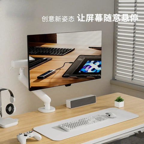 Ergonomic Desktop Monitor Mount With Buttery Smooth Mechanical Spring Arm For Single Screen sleek setup on a desk, height adjustable.