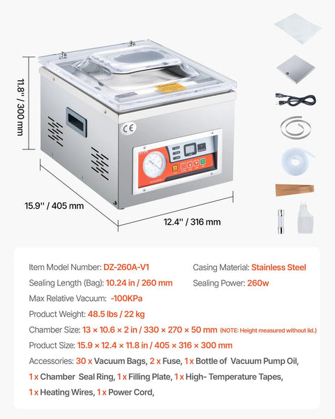 VEVOR chamber vacuum sealer, stainless steel, 260W, 10.24 in sealing length, with vacuum bags.