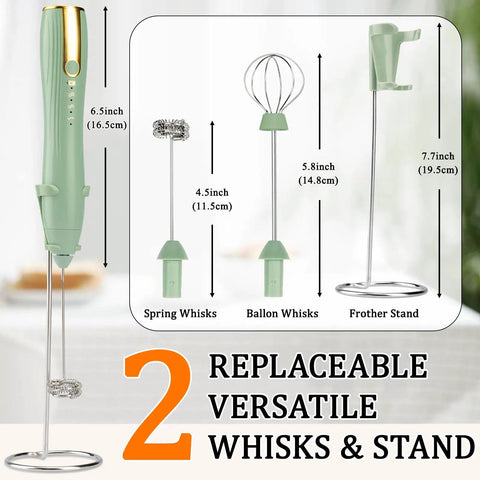 Rechargeable Milk Frother Wand With Stand USB C Handheld Mixer 2 Whisk Heads 3 Speeds Breezy Foam Easy Clean displayed with whisks and stand