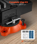 Close-up of 5 Inch Bench Vise With 360 Degree Swivel Locking Base And Anvil showing base, supporting bolts, and mounting accessories.