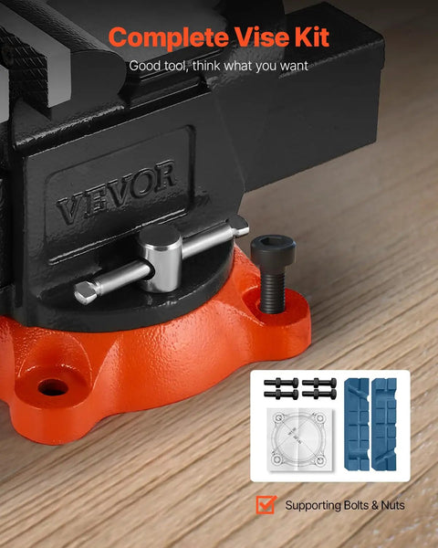 Close-up of 5 Inch Bench Vise With 360 Degree Swivel Locking Base And Anvil showing base, supporting bolts, and mounting accessories.