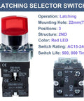 Two Pack 22mm Latching Rotary Selector Switch With Red Pilot Light, 3 Position Maintained, 2NO, nylon body shown with specs