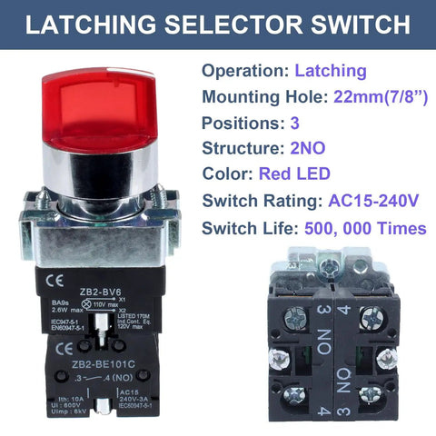 Two Pack 22mm Latching Rotary Selector Switch With Red Pilot Light, 3 Position Maintained, 2NO, nylon body shown with specs