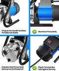 Close-up of Water Transfer Pump 110V 1.6 HP with aluminum body, stainless steel head, plastic terminal box, and iron handle