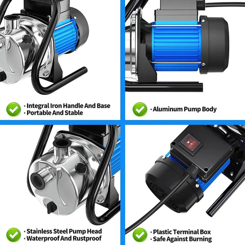 Close-up of Water Transfer Pump 110V 1.6 HP with aluminum body, stainless steel head, plastic terminal box, and iron handle