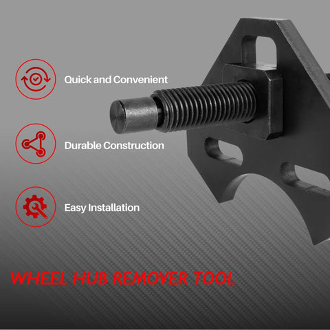 Side view of black steel wheel hub remover tool with threaded bolt for 5–8 lug hub assemblies