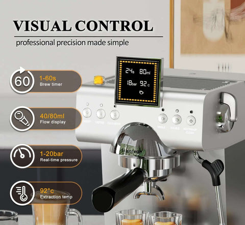 20 Bar Espresso Machine With Steam Milk Frother, Stainless Steel Coffee Maker With LED Display, showing controls and functions.