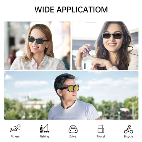 Three people wearing Polarized Clip Ons For Ray Ban Meta Wayfarer Gen 1 And Gen 2 Large 53 22 Sunglasses Discoloration Clips Protect.