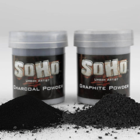 Urban Artist Graphite And Charcoal Powder 15 Gram for soft shading and rich pigment, two jars with powder piles in front.