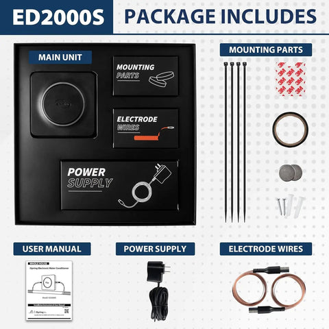 Whole House Electronic Descaler Water Conditioner package contents, includes main unit, power supply, electrode wires, and manual.