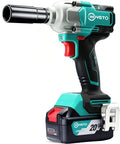 Hoyeto 20V Brushless Impact Wrench with 670 Ft Lbs Torque 1/2 Inch Drive cordless tool for auto repairs, featuring battery and grip.