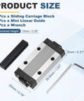 MGN9H Linear Bearing Carriage Block With Mini Guide And Wrench set, showing sizes, 9mm linear motion slide rail compatible