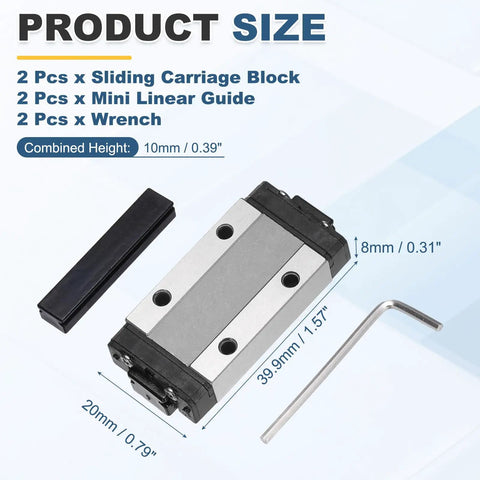 MGN9H Linear Bearing Carriage Block With Mini Guide And Wrench set, showing sizes, 9mm linear motion slide rail compatible