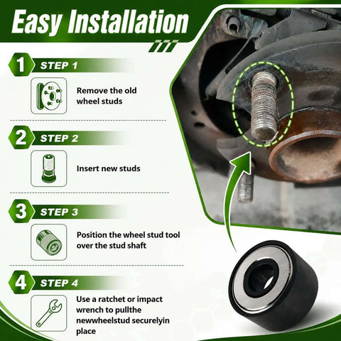 Ditch The Guesswork With This Pro Wheel Stud Installer Tool Kit For Car Repairs! Get Perfect Alignment And Protect Threads Every Time Using The 22800 Oem Spec Adapter Plus Three Heavy Duty Lug Nuts Included In This Durable Removal Set That Saves You. installation steps for iron wheel stud installer kit, 1.57 x 1.57 x 0.82