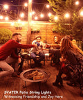 Outdoor String Lights 150 Ft With 75 Shatterproof G40 LED Bulbs illuminating a group of friends on a patio at night.