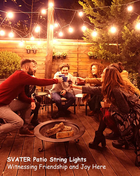 Outdoor String Lights 150 Ft With 75 Shatterproof G40 LED Bulbs illuminating a group of friends on a patio at night.