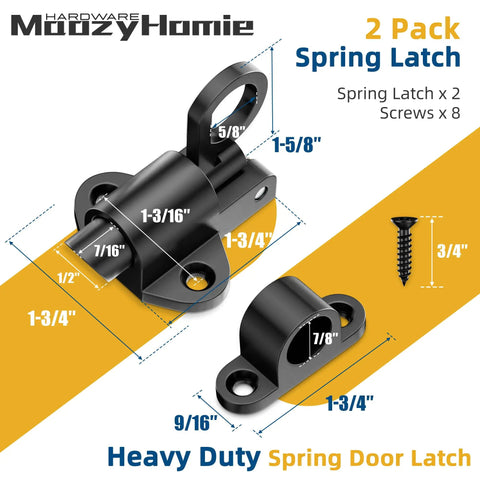 Heavy Duty Self Closing Gate Latches Matte Black Rust Proof Slide Bolt Drops Right Shut Shed Cabinet Lock Tough As Nails Spring Steel Bracket Zero Hassle Install Comes With Hardware Two Pack dimensions and details.