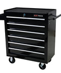 Heavy Duty Rolling Tool Chest With Six Roomy Drawers, Badass Garage Service Cart, black metal design with locking lid and wheels.
