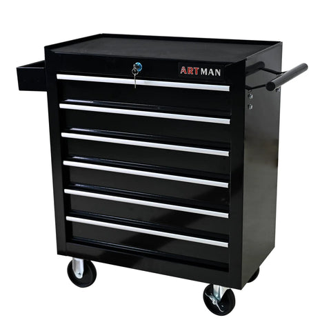 Heavy Duty Rolling Tool Chest With Six Roomy Drawers, Badass Garage Service Cart, black metal design with locking lid and wheels.