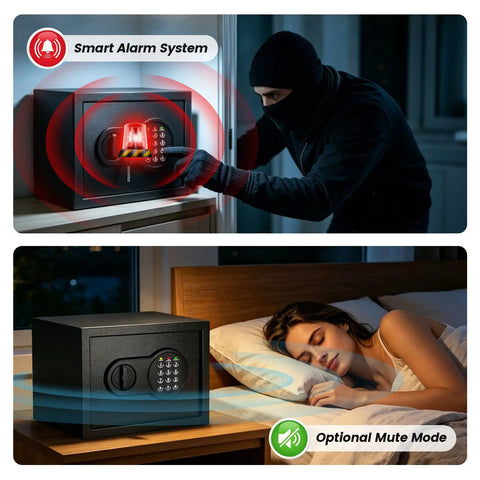 Compact Home Safe 0.9 Cu Ft With Removable Shelf Fireproof And Waterproof Bag Programmable Keypad Smart Alerts displayed in action