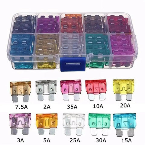 Automotive Fuse Assortment Kit With Box 200 Or 400 Piece Set For Quick Car Electrical Repairs, color-coded fuses displayed.