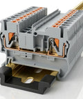 One Hundred Pcs Pt2.5 Push In Din Rail Terminal Blocks Feed Through Twin Spring Cage Screwless Wire Connectors No Sweat Quick Wiring AWG 26 To 12 For Industrial Control Panels Gray showing cross-section detail with copper and plastic housing.