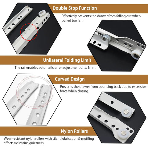 22 Inch Soft Close Drawer Slides 1 Pair Heavy Duty Side and Bottom Mount Glides for Cabinets and Dressers Replacement White 55lb Capacity With Quiet Smooth Nylon Rollers close-up of nylon rollers and curved stop