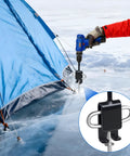 Ice Fishing Anchor Tool Kit Pro Grade Beefy Workhorse Drill Adapter With 6 Ice Fishing Tent Stakes in use on ice