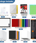 All In One Craft Bundle For Makers Compatible With Explore Air Cutting Machine With Weeding Tools HTV Vinyl Permanent Vinyl LED Light Pad Paper Cutter Cutting Mats Transfer Tapes Sticker Papers Storage Box And Exclusive Printables displayed with tools and materials.