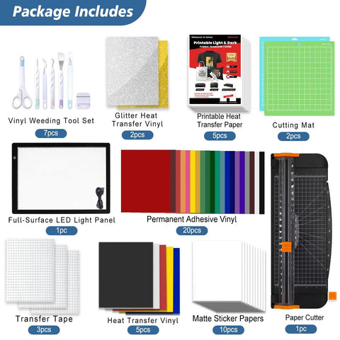 All In One Craft Bundle For Makers Compatible With Explore Air Cutting Machine With Weeding Tools HTV Vinyl Permanent Vinyl LED Light Pad Paper Cutter Cutting Mats Transfer Tapes Sticker Papers Storage Box And Exclusive Printables displayed with tools and materials.
