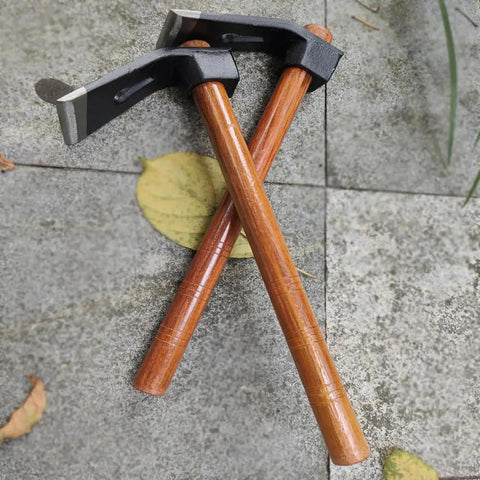 Multi Function Garden Hoe Tool With Long Wooden Handle on stone surface, manganese steel head, green oak grip, 6.29 x 2.95 in