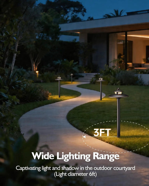 3CCT Low Voltage Landscape Path Lights illuminating a curved walkway in a garden at night with adjustable color temps