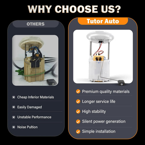 Comparison of electric fuel pump module assembly with premium materials vs inferior materials