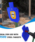 AR500 Steel Target With T Post Hanger One Half Inch Thick Torso Silhouette in use, featuring blue target and mounting setup.