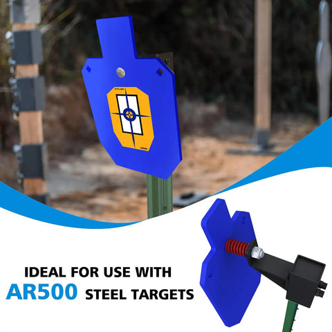 AR500 Steel Target With T Post Hanger One Half Inch Thick Torso Silhouette in use, featuring blue target and mounting setup.