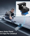 Installer securing solar panel with 10 Piece Solar Panel End Clamps Mounting Kit For Unistrut And Aluminum Rails 30mm And 35mm