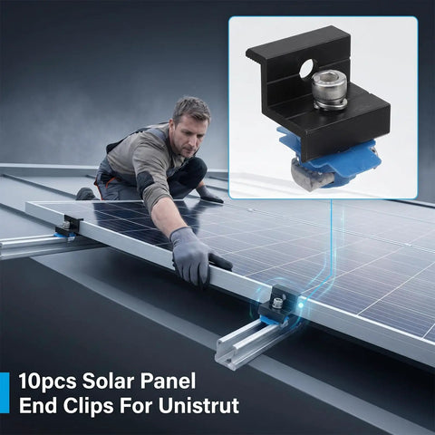Installer securing solar panel with 10 Piece Solar Panel End Clamps Mounting Kit For Unistrut And Aluminum Rails 30mm And 35mm