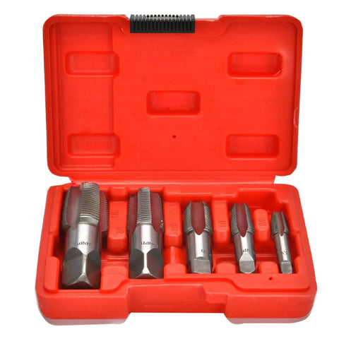 5 Piece NPT Thread Forming Taps Set For Pipe Threads Cleanup And Re Threading Damaged Or Jammed Threads, High Speed Steel Drill Bits Included, Sizes One Eighth Inch, One Quarter Inch, Three Eighths Inch, One Half Inch, Three Quarters Inch In Box