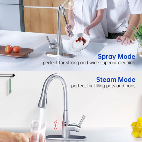 Touchless Kitchen Faucet With Pull Down Sprayer, Motion Sensor Hands Free in spray and steam modes, chrome finish
