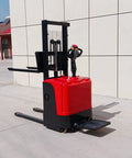 The Ultimate Full Electric Walkie Pallet Stacker With 1000kg Or 1500kg Capacity And A Smooth 3000mm Lift Height showcasing its red and black design.