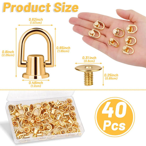 40 Piece D Ring Rivets For Leather Purses And Bags Gold Ball Studs With D Rings Dope Bag Hardware For DIY Purse Craft Crossbody Strap Attachments And Replacement Rivets, 40 pcs, gold zinc alloy, size shown