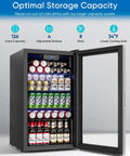126 Can Beverage Refrigerator With Glass Door 3.2 Cu Ft Mini Fridge For Your Home Bar Office Or Bedroom 4 Adjustable Shelves Holds Soda Beer And Wine Quiet Energy Efficient Cooler, open showing soda and beer