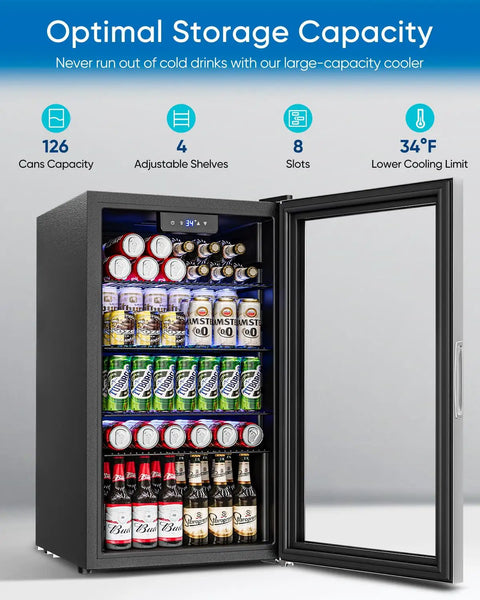 126 Can Beverage Refrigerator With Glass Door 3.2 Cu Ft Mini Fridge For Your Home Bar Office Or Bedroom 4 Adjustable Shelves Holds Soda Beer And Wine Quiet Energy Efficient Cooler, open showing soda and beer