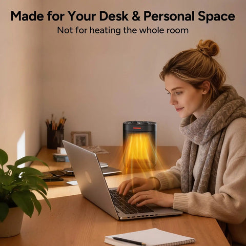 Ceramic Personal Space Heater For Office Desk And RV next to woman using laptop, illustrating fast 3 second ceramic instant heat.